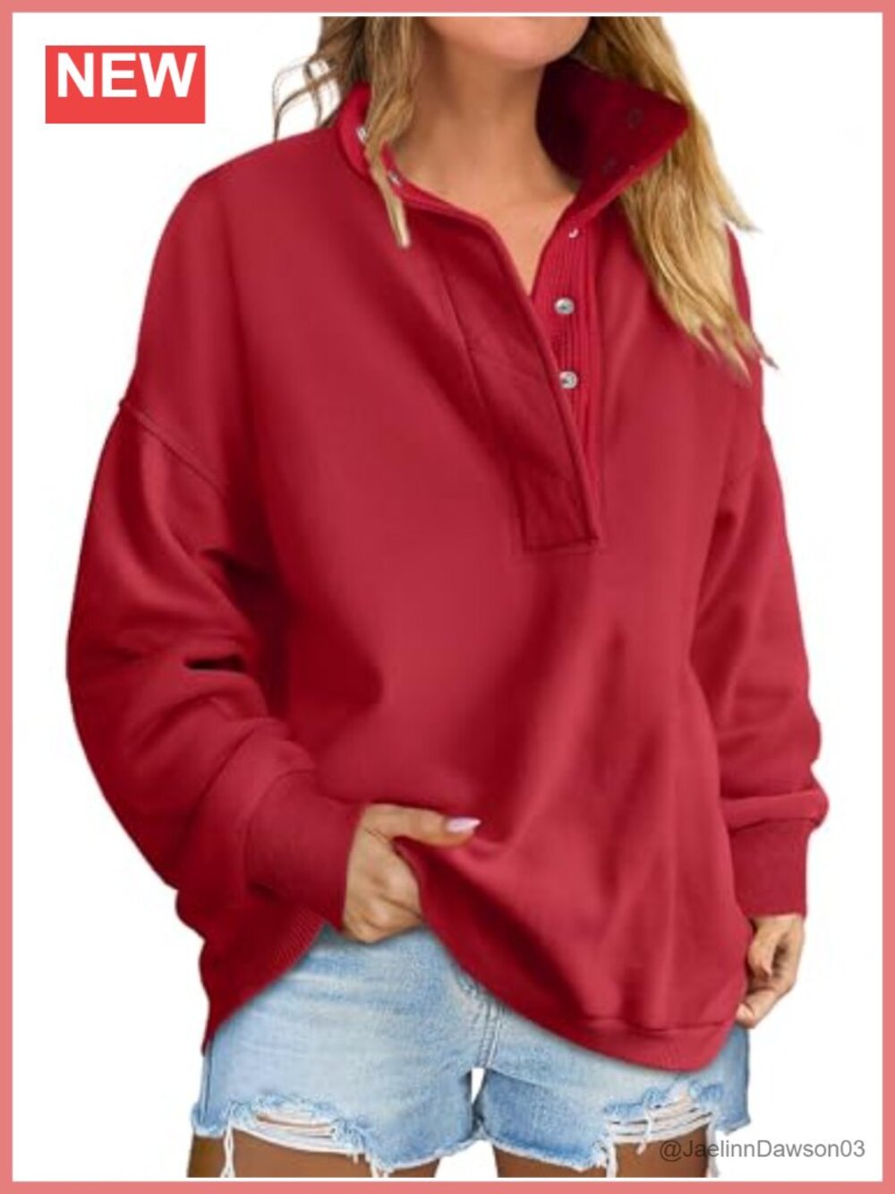 Oversized Mock Neck Henley Sweatshirt Drop Shoulder Loose Pullover